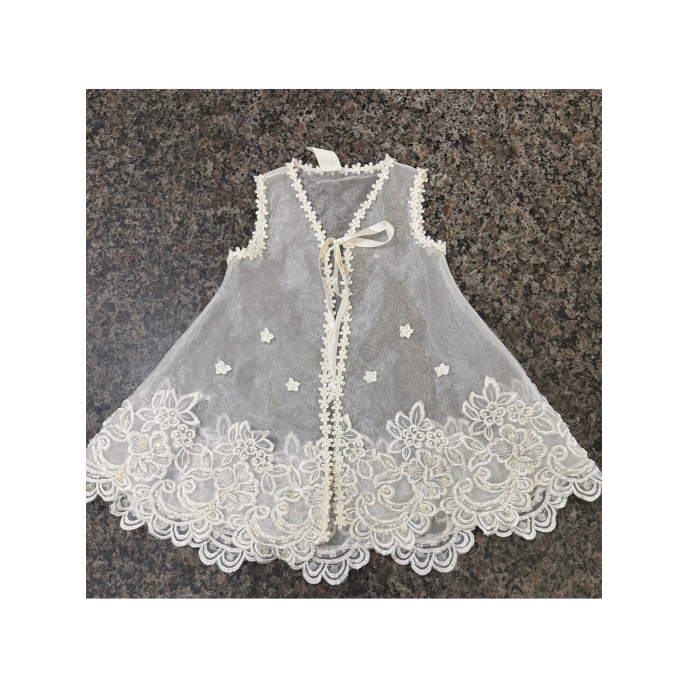 Vintage KID Collection Girls White Lace Sheer Organza Shrug‎ Capelet Pearl B-361